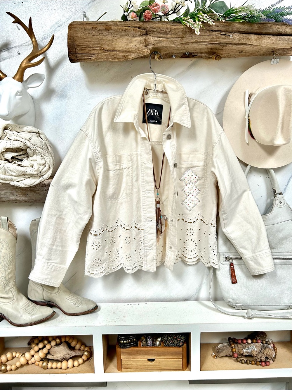 ZARA Cream Eyelet-Trim cream denim jacket w upcycled patchwork detailing